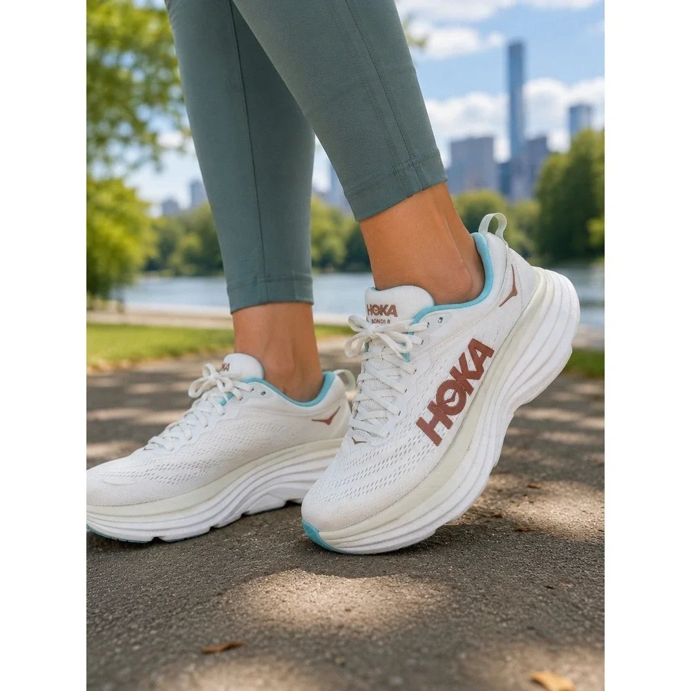 HOKA Bondi 8 Women's Running Shoes White Blue Cushioned Sneakers Size 7B
